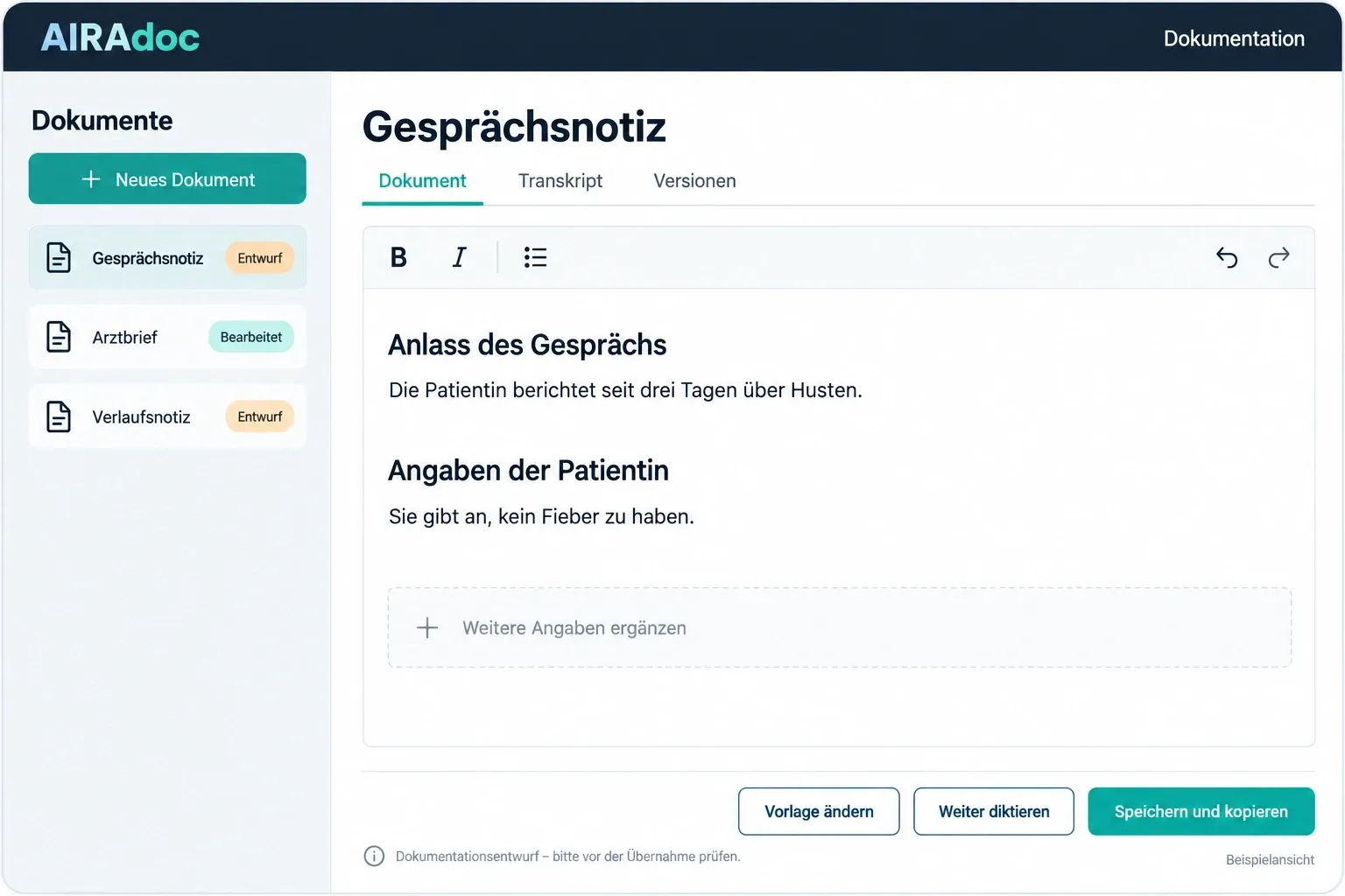 Beispielansicht der AIRAdoc-Dokumentation mit Dokumentenliste, bearbeitbarem Entwurf und Kopierfunktion