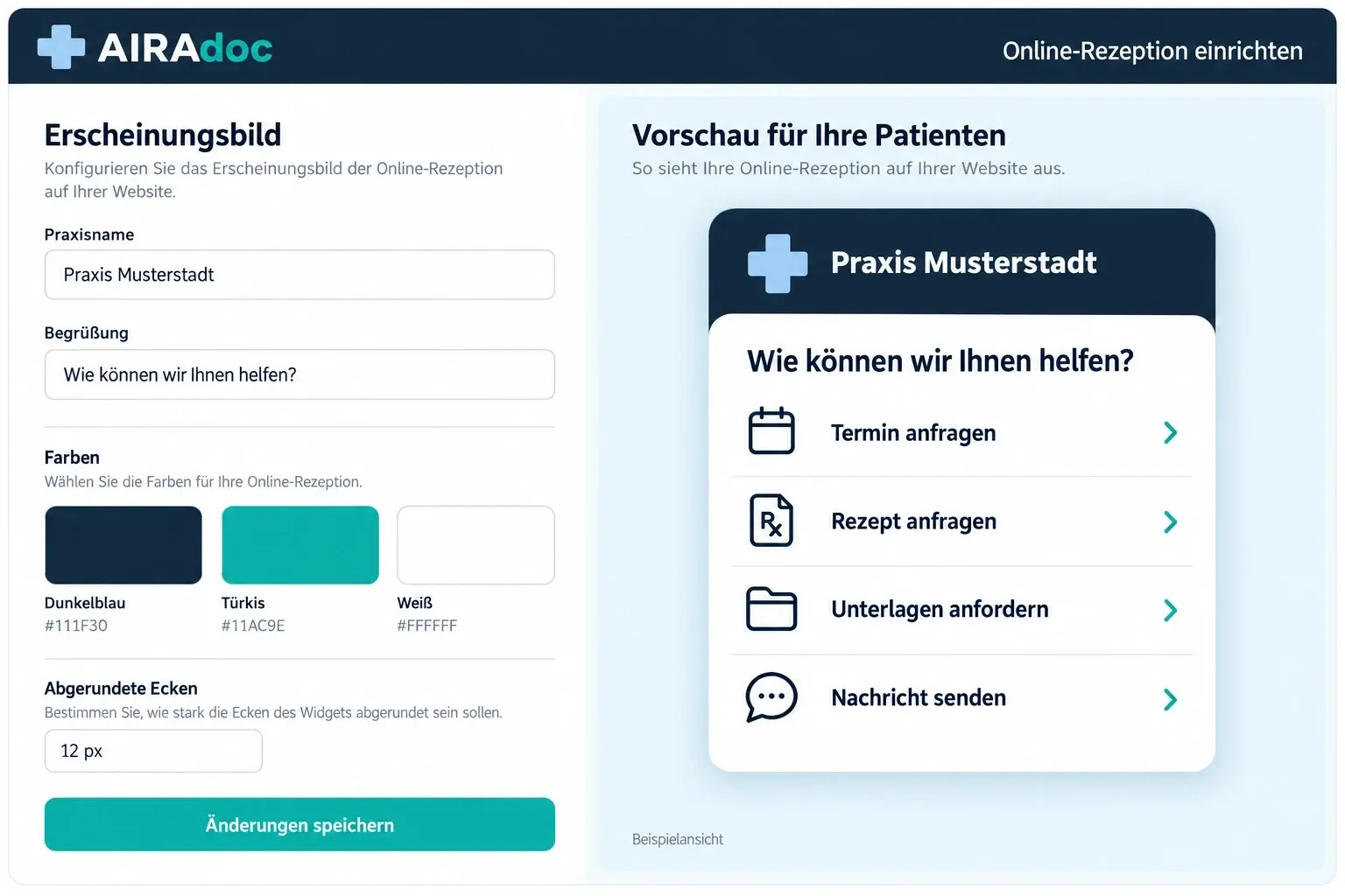 Beispielansicht der AIRAdoc Online-Rezeption mit Gestaltungseinstellungen und Patientenvorschau